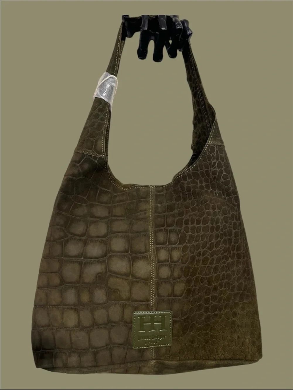 Haute Hippie olive green hobo bag with crocodile-embossed suede